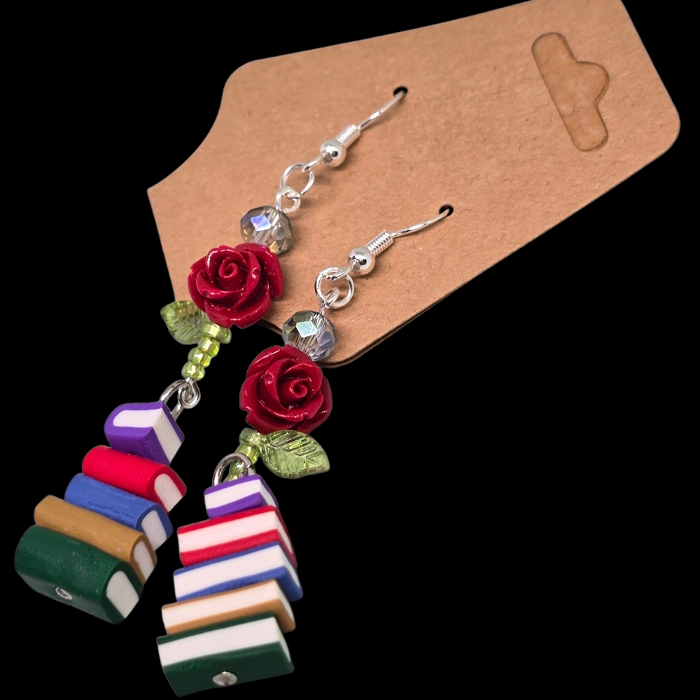 Colorful Book and Rose Earrings